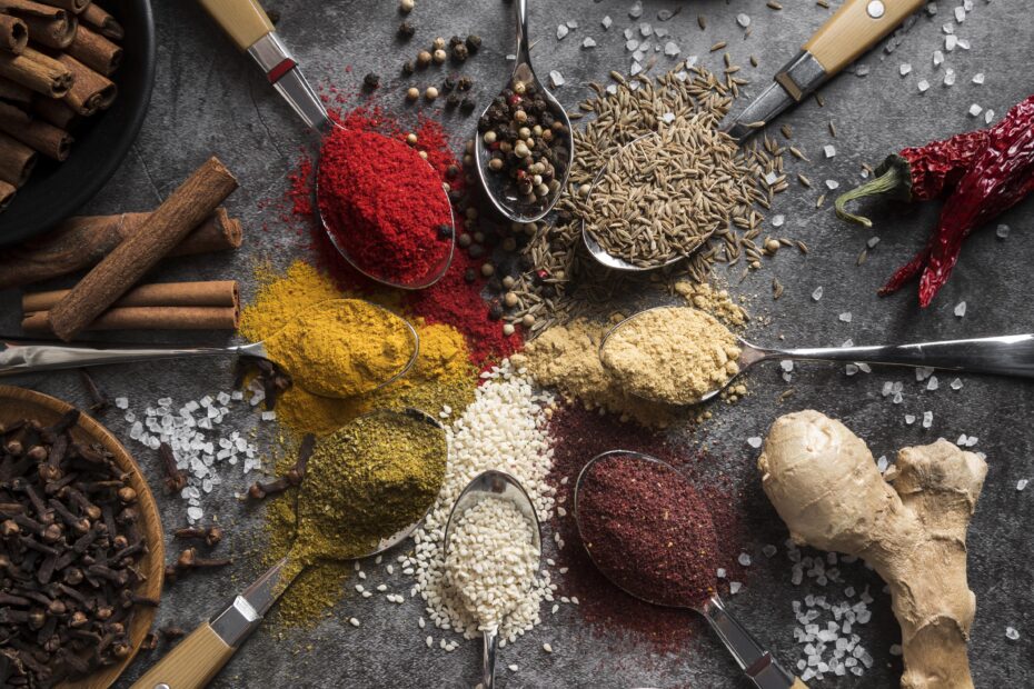 Assortment of Indian spices – turmeric, cumin, pepper, red chilli – Aara Living