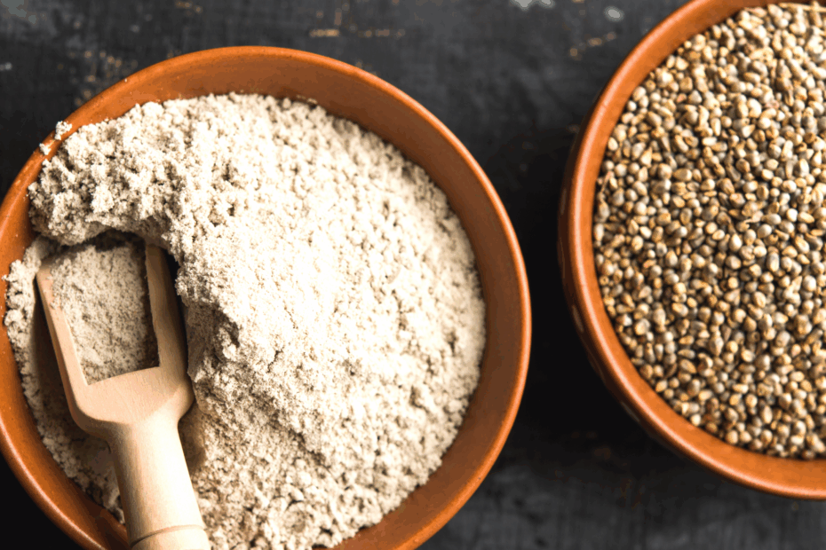 Bajra Pearl Millet in a bowl with Bajra Flour in bowl Aara Living