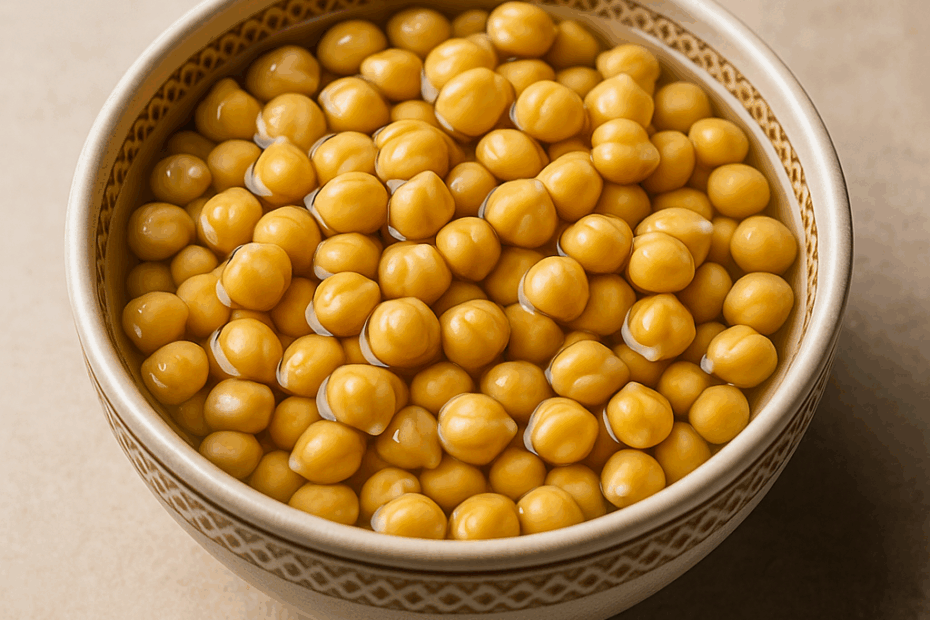 Soaked chickpeas in a ceramic bowl showing swollen, softened grains after soaking — highlights the benefits of soaking pulses before cooking.
