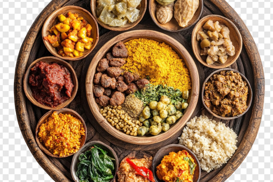 Top view of a balanced Indian thali with rice, dals, vegetables, and condiments, representing a healthy everyday meal for wellness and immunity.
