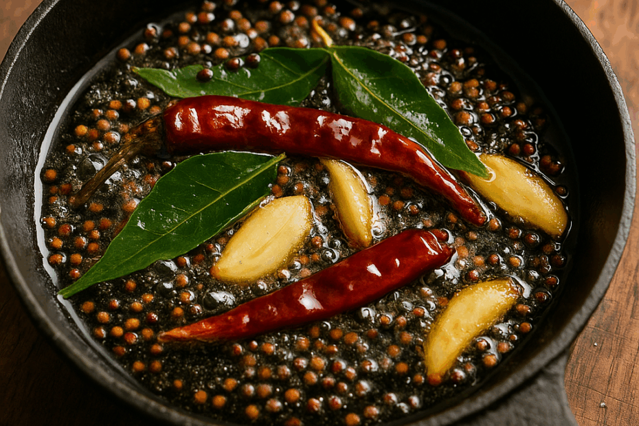 Close-up of Indian tadka in progress — mustard seeds, curry leaves, dried red chilies, garlic, and cumin sizzling in hot oil.