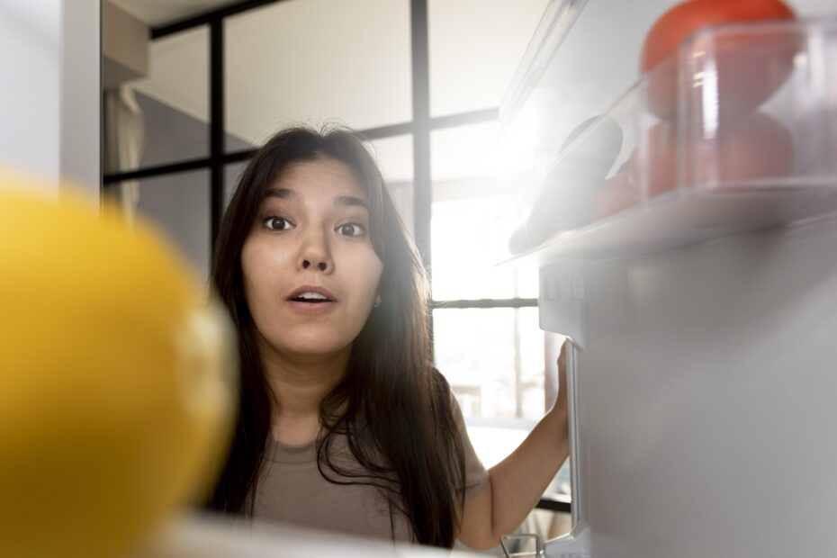 Woman checking her fridge, looking unsure what to cook — symbolising morning kitchen decision stress.